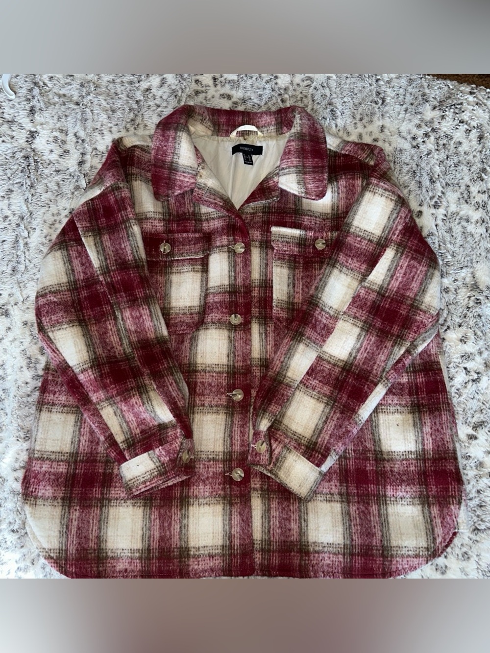 Forever 21 Burgundy & Cream Plaid Teddy Jacket